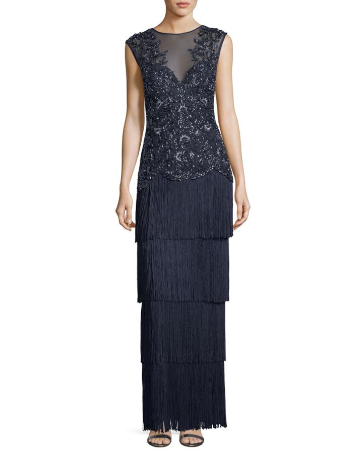 Embellished V-neck Illusion Fringe Gown
