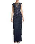 Embellished V-neck Illusion Fringe Gown