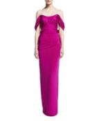Off-shoulder Satin Column Gown W/ Detachable Train