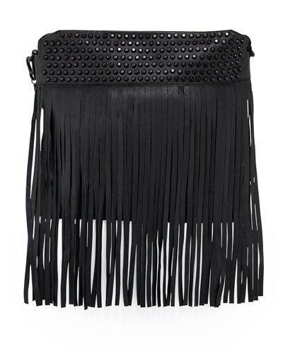 Zappa Studded Fringe Leather Hobo Bag, Black