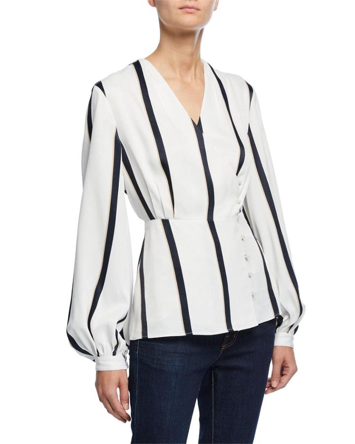 Alaine Striped Surplice-neck Bishop-sleeve Top