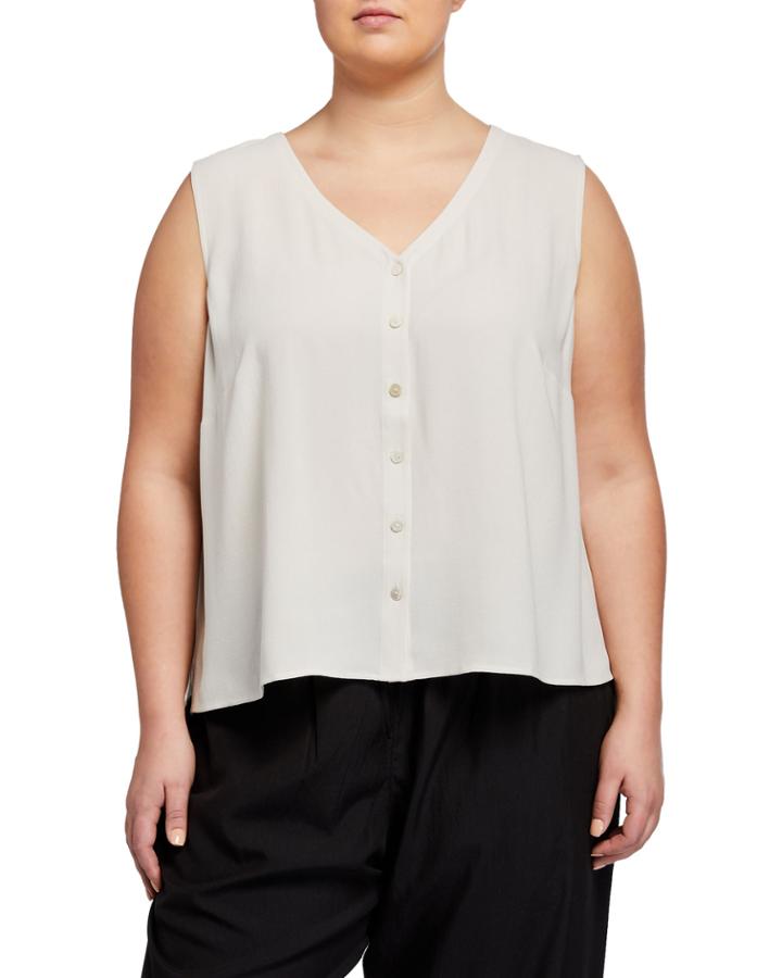 Plus Size V-neck Button-front Sleeveless Silk Georgette Crepe Top