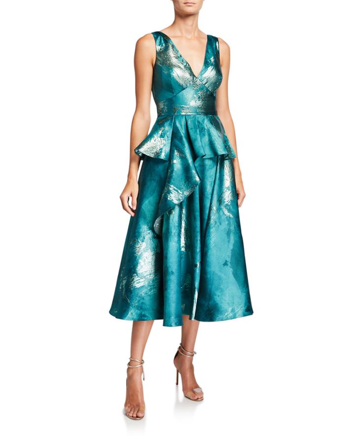 Metallic Jacquard V-neck Sleeveless Midi Dress W/ Ruffle Detail