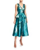 Metallic Jacquard V-neck Sleeveless Midi Dress W/ Ruffle Detail