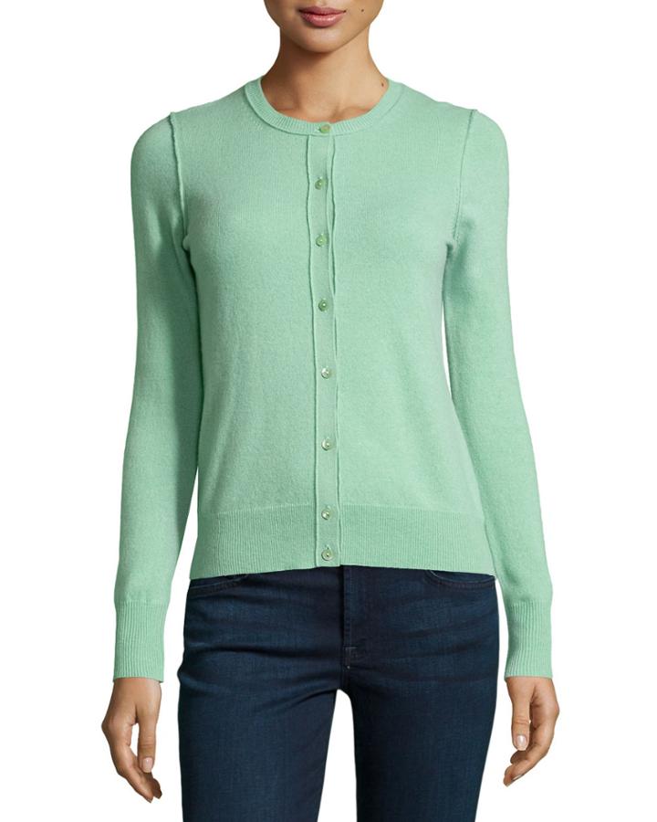 Todd And Duncan Cashmere Crewneck Cardigan, Gingermint, Women's,