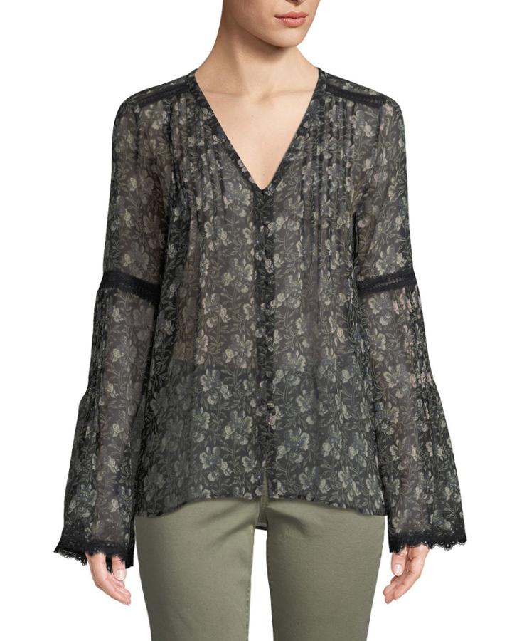 Clio V-neck Bell-sleeves Floral-print Sheer Silk Blouse W/