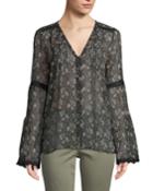 Clio V-neck Bell-sleeves Floral-print Sheer Silk Blouse W/