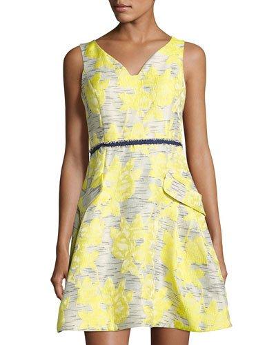 Sleeveless Floral Jacquard Dress, Yellow Pattern