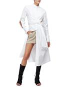 Long-sleeve Cotton Twist-front Shirtdress, White