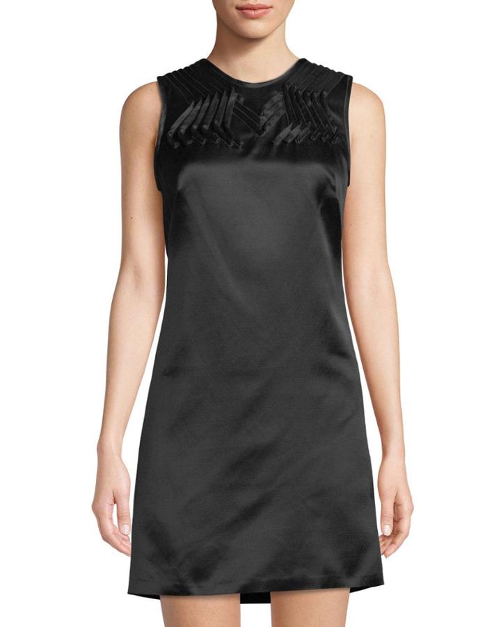 Sleeveless Satin Silk Dress W/ Pleated Yolk