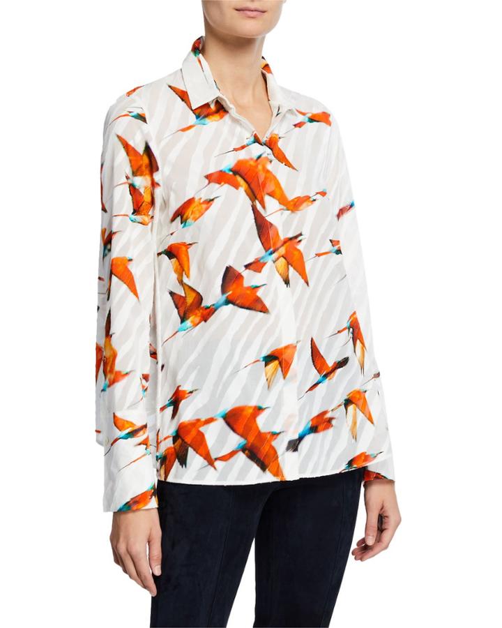 Hummingbird Print Button-down Cotton Blouse