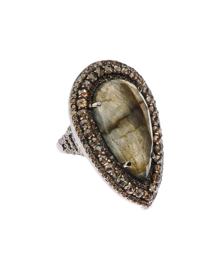 Silver Teardrop Ring With Labradorite & Diamonds,