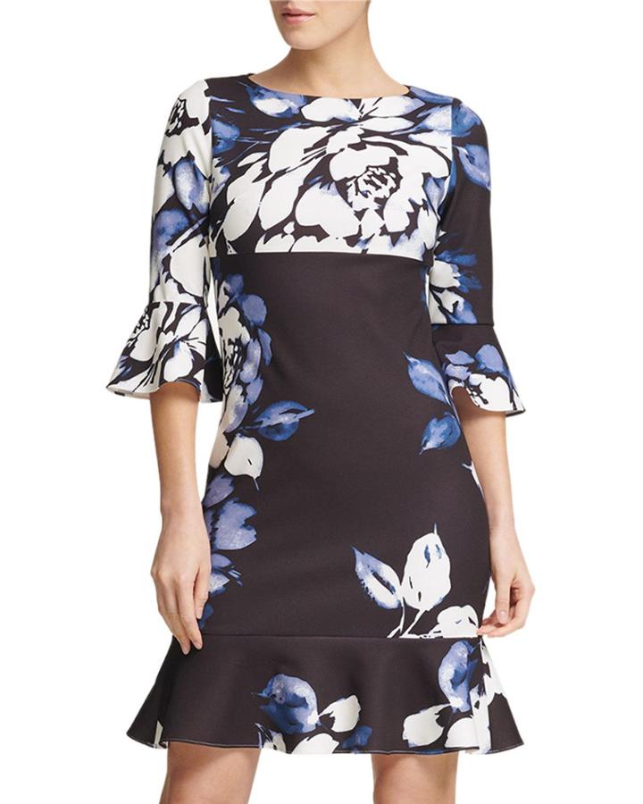 Floral-print Flounce-hem Scuba Crepe Dress