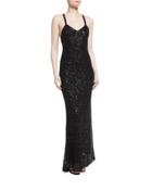 Sequined Sleeveless Column Gown, Black
