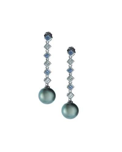 18k Sapphire, Diamond & Tahitian Pearl Dangle Earrings