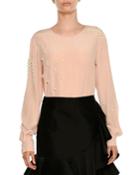 Crewneck Long-sleeve Silk Crepe De Chine Tunic W/ Pearlescent Trim