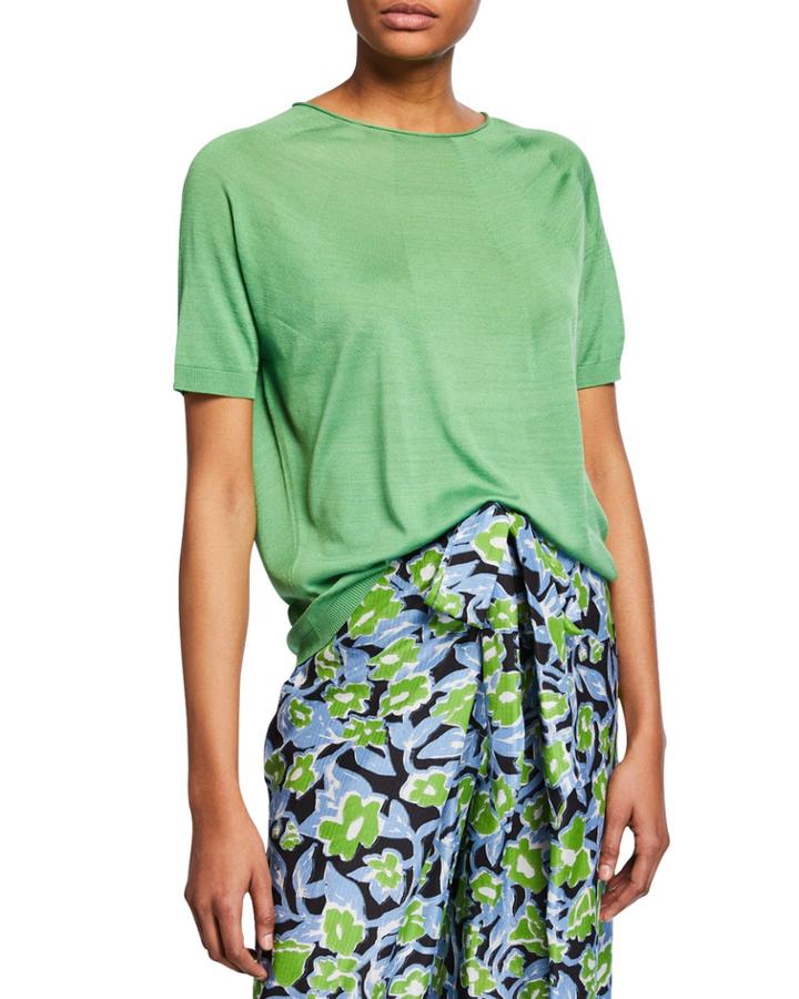 Kyoko Silk Round-knit Crewneck Tee, Green