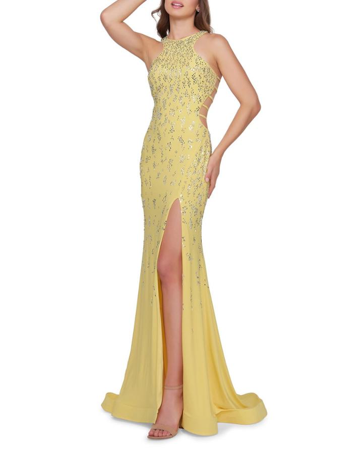 Ombre Beaded Halter Gown With Thigh-slit
