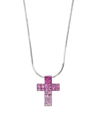 18k White Gold Ombre Pink Sapphire Cross Necklace