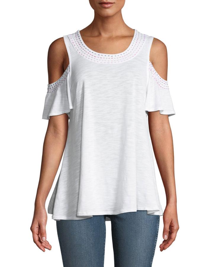 Cold-shoulder Embroidered Flutter-sleeve Tee