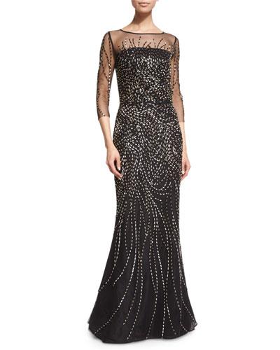 Beaded 3/4-sleeve Tulle Gown, Caviar