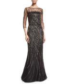 Beaded 3/4-sleeve Tulle Gown, Caviar
