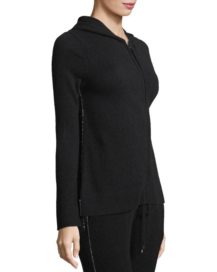 Chain-trimmed Zip-front Cashmere Hoodie