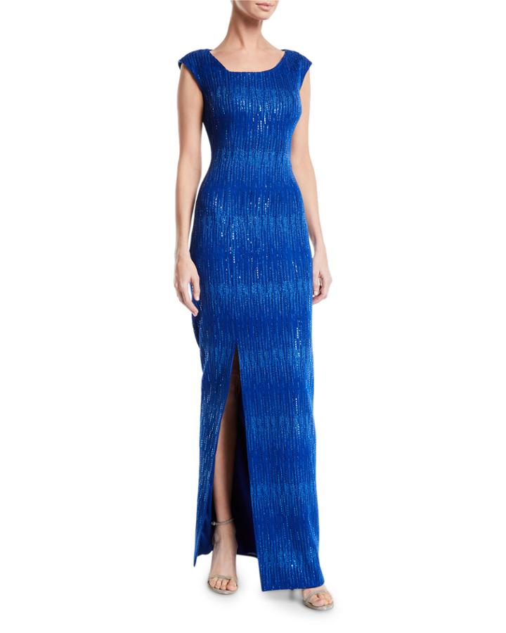 Carrie Asymmetric-neck Sequined Column Gown