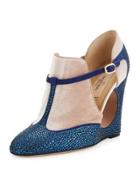 Beaded Suede Cutout Wedge, Blue/taupe