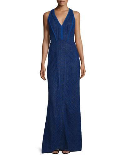 Sleeveless V-neck Lace-overlay Gown, Imperial Blue