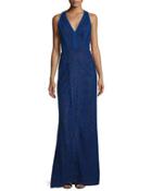 Sleeveless V-neck Lace-overlay Gown, Imperial Blue
