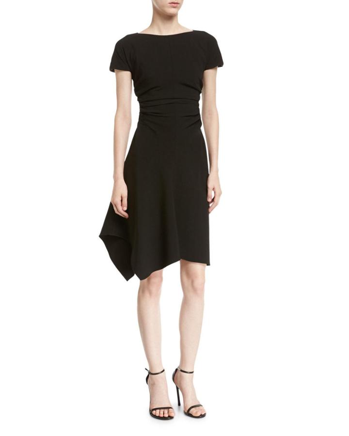 Short-sleeve Boat-neck Dress W/ Waist Gathers