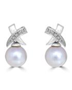14k White Gold Pearl & Diamond X Earrings