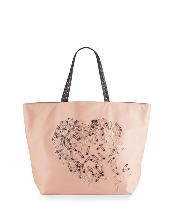 Large Safety Pin Heart-shaped Leather Tote Bag