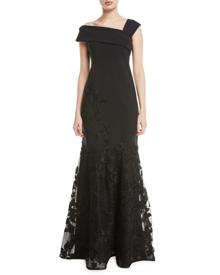 Asymmetric-neck Embroidered Scuba Flounce Gown