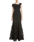 Asymmetric-neck Embroidered Scuba Flounce Gown