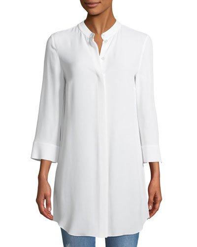 Banded-collar Silk Marocain Long Shirt, Optic White