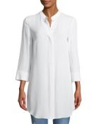 Banded-collar Silk Marocain Long Shirt, Optic White