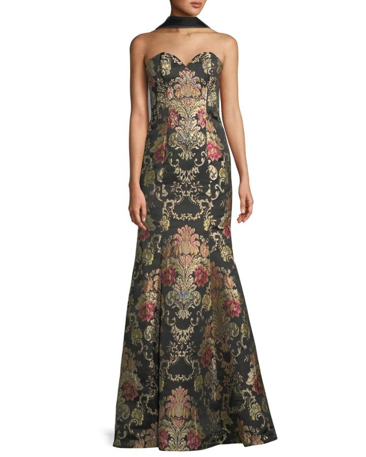 Floral Brocade Strapless Mermaid Gown With