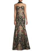 Floral Brocade Strapless Mermaid Gown With