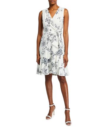 Floral Sleeveless Eyelet Faux-wrap Dress