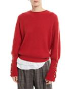 Crewneck Ribbed Cashmere Pullover Sweater W/ Brass Buttons