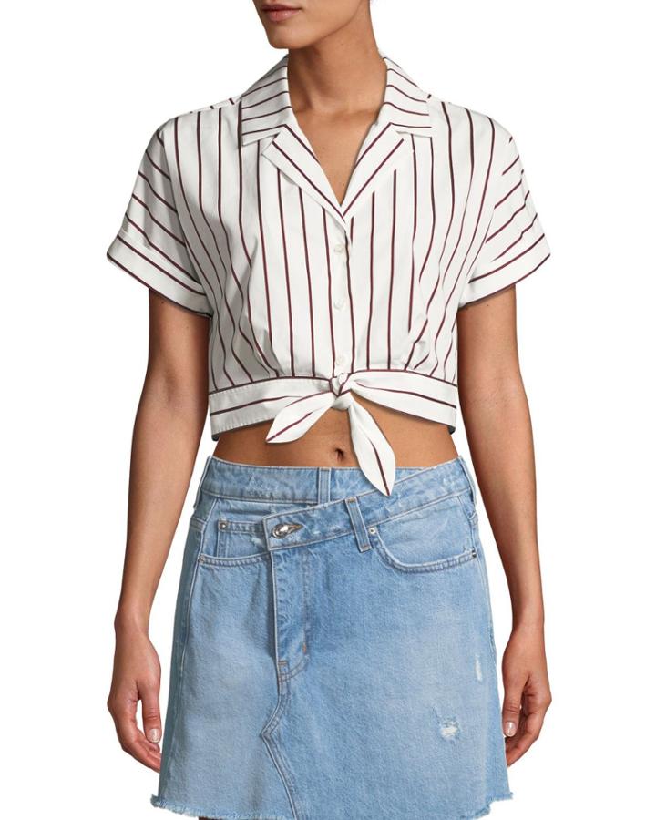 Striped Short-sleeve Tie-waist Cropped