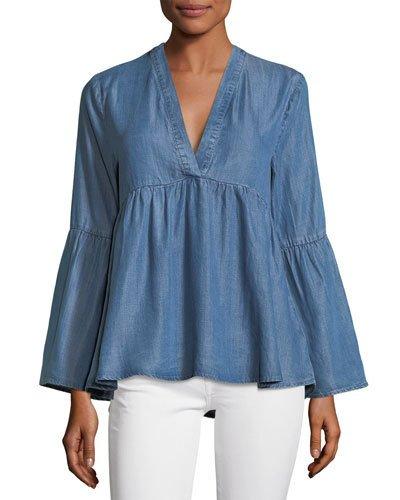 V-neck Ruffle-hem Chambray Top