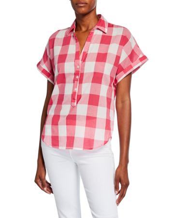 Check Collared Short-sleeve Button-down Top