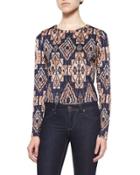 Long-sleeve Tribal-print Top, Navy/multi Colors