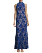 Sleeveless Velvet Floral Lace Gown, Blue