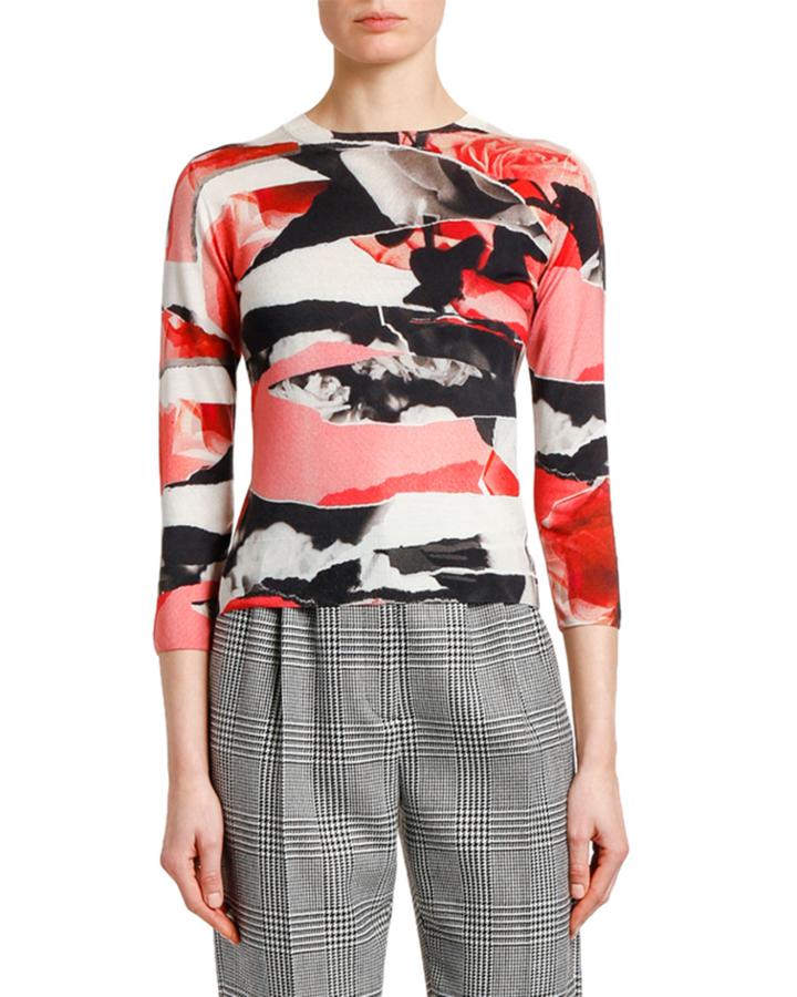 3/4-sleeve Torn Rose Print