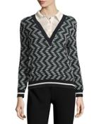 Rod Zigzag Long-sleeve Sweater W/ Collar, Black