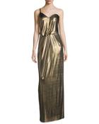 One-shoulder Metallic Jersey Column Dress, Bronze